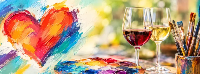 Heart paingint, with wine glasses and art brushes