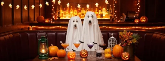 Dogs in ghost costumes in a halloween setting